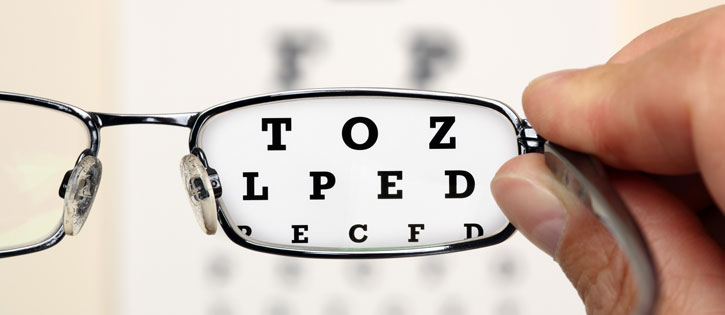 Eye glasses are held in front of an eye test chart.